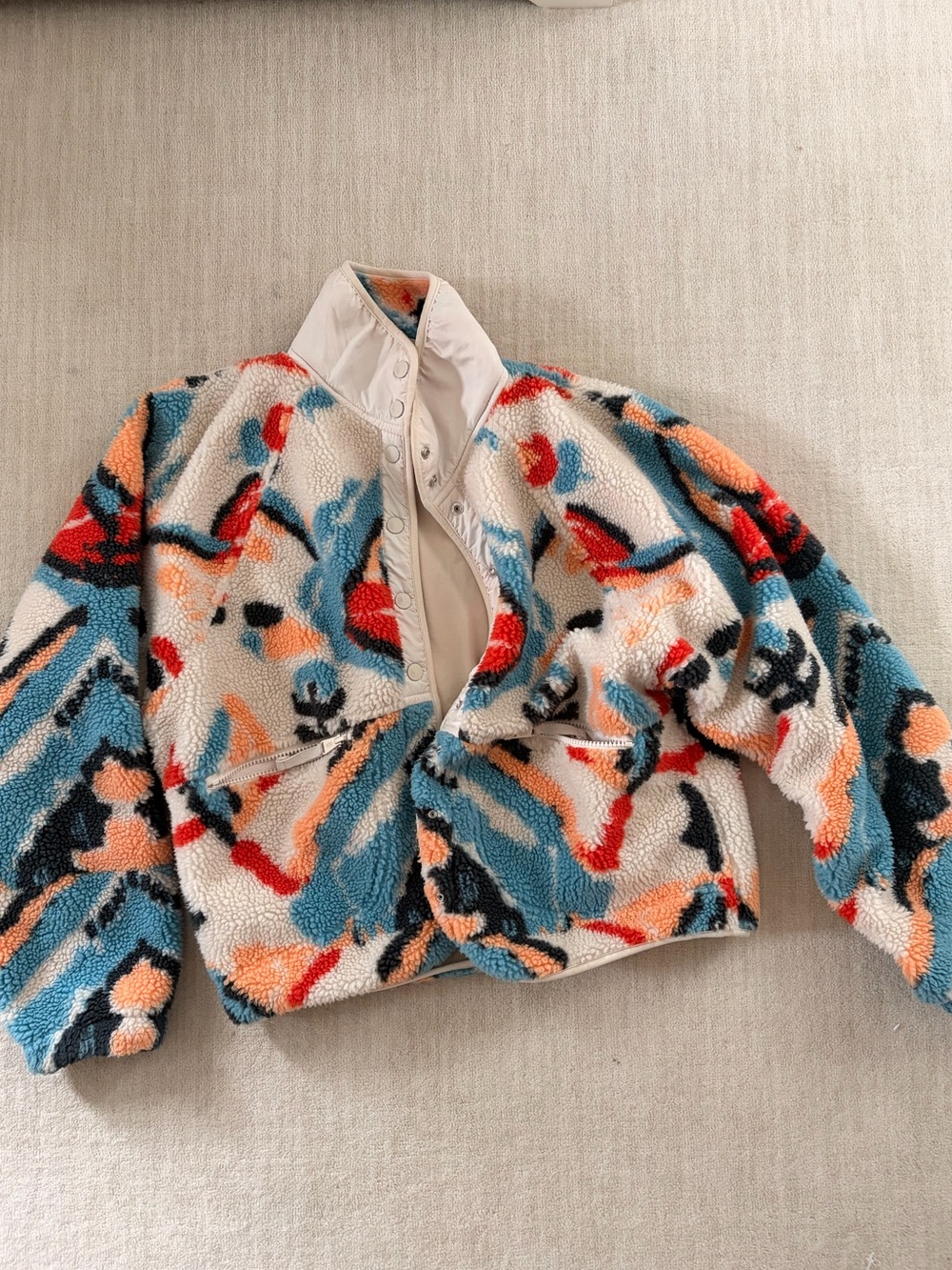 Free People Multi-Color Sherpa Jacket in Cream, Blue, Orange, Red, Black